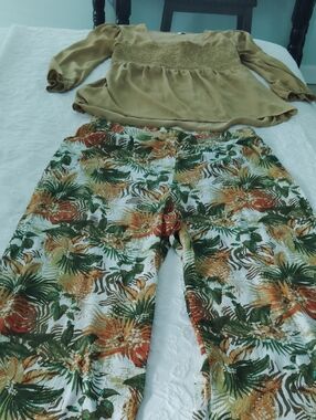 Women’s Olive Green Smocked Blouse and Tropical Print Pants Set